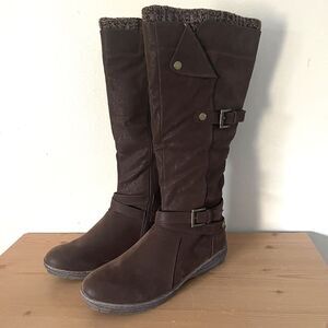 Austin Trading Co Brown Knee High Boots Women 9.5 Flats Faux Suede Buckle Straps